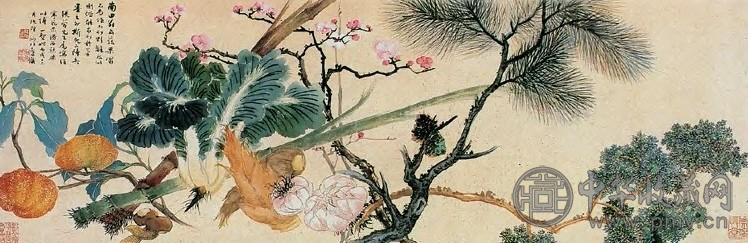 陆抑非 松柏花果图 镜片 纸本设色