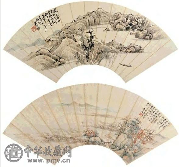 吴大瀓 辛酉(1861年)作 清溪放棹图、濯足图 扇面 设色纸本