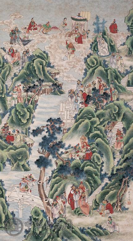 钱禄新 群仙图 立轴 设色纸本