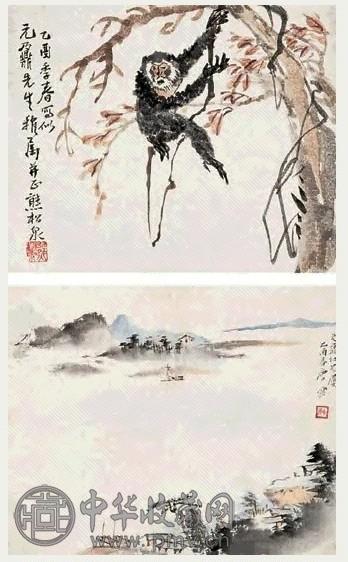 唐云 乙酉(1945)年作 山水、动物 册页 (2开) 设色纸本