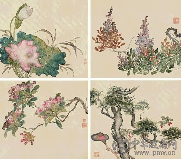 焦学漪 花卉 册页(12开选4) 设色绢本