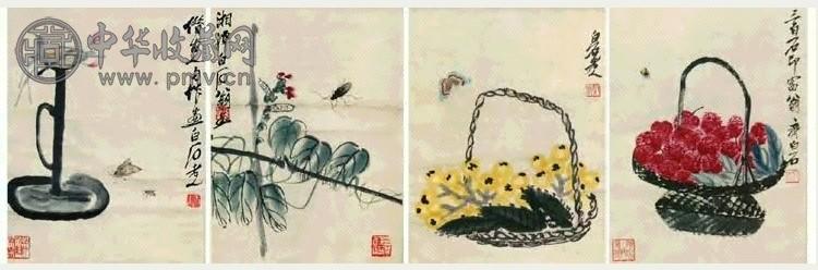 齐白石 花鸟四屏 立轴 4轴 设色纸本