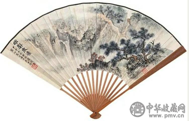 朱梅邨 1944年作 山水 书法 扇面 设色纸本