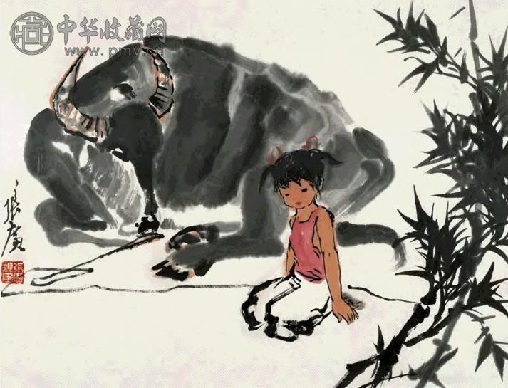 张广 牧牛 镜心 设色纸本