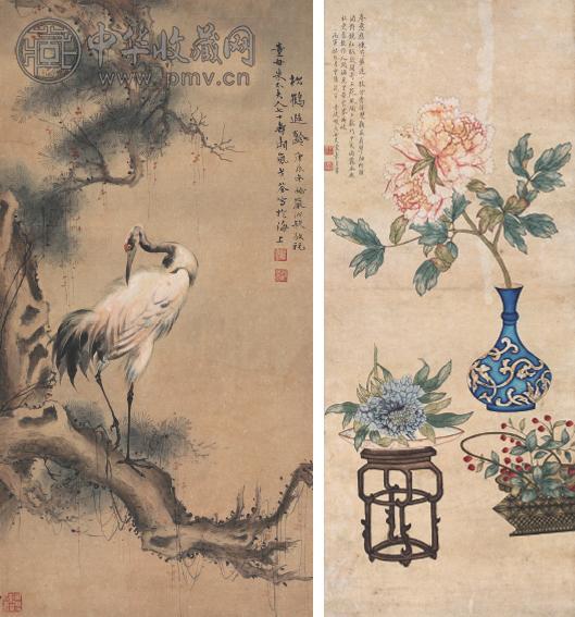 戈湘岚 袁素贞 1940年作 仙鹤 花卉 立轴 设色纸本