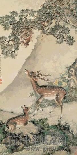 沈铨 栢鹿图 立轴 设色纸本