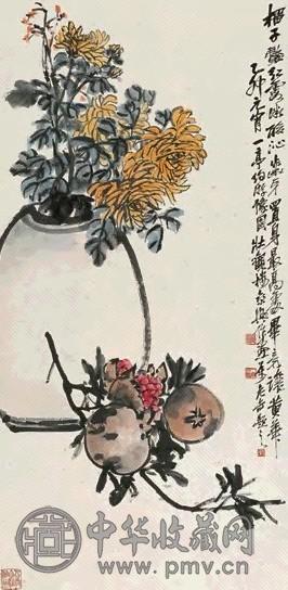 王震 吴昌硕 乙卯(1915年)作 多子且长寿 立轴 设色纸本