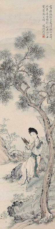 沈燧 树荫吹笙 镜心 设色纸本