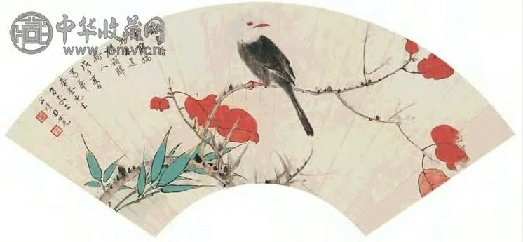 田世光 戊子(1948年)作 红叶小鸟 扇面 设色纸本