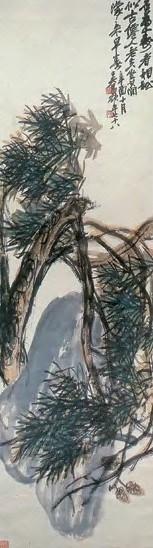 吴昌硕 1921年 松石 立轴 设色绫本