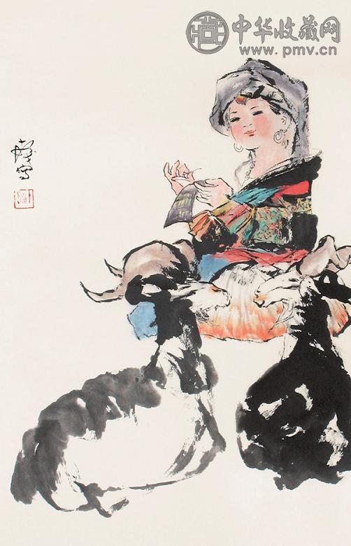 程十发 少女 立轴 设色纸本