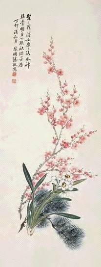 潘琳 1927年作 桃英水仙 立轴 设色纸本