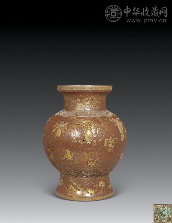 民国 古铜彩釉剔刻清供纹尊