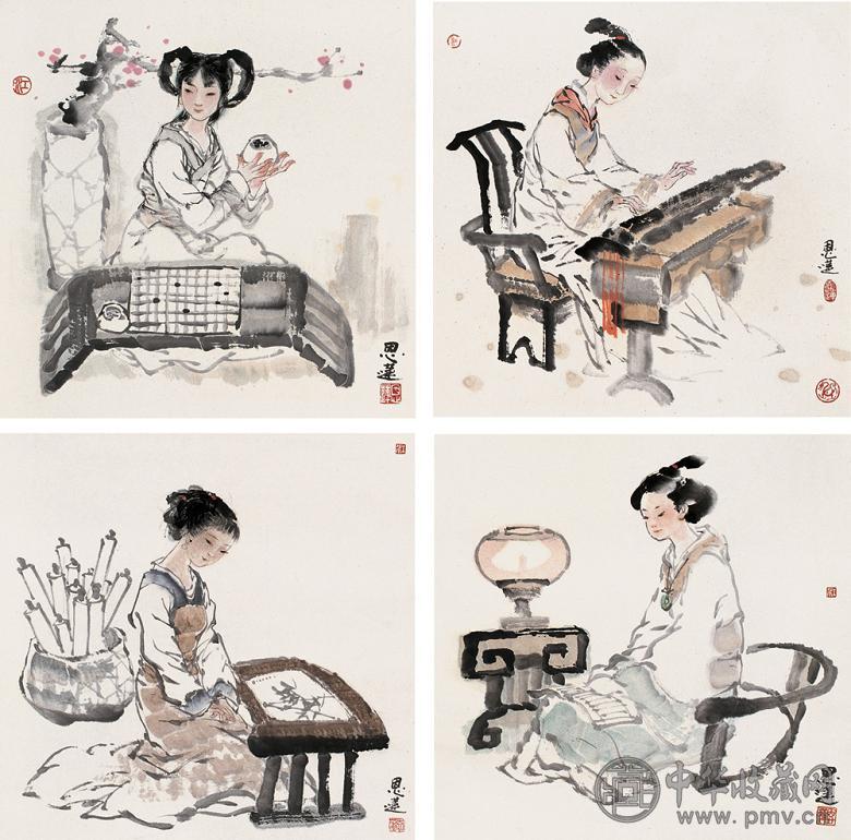 江恩莲 琴棋书画 挂轴 设色纸本