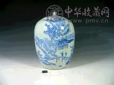 清 豆青青花山水人物冬瓜罐