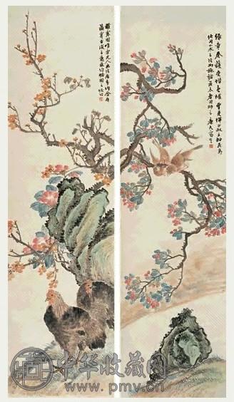 陆恢 花鸟 立轴 四屏 纸本设色