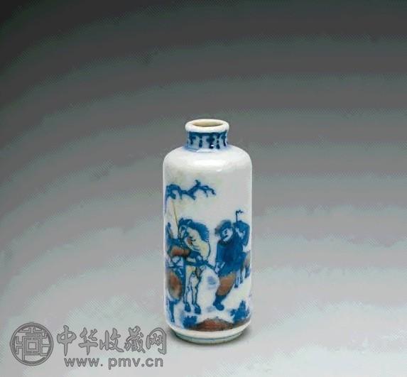 清代 青花釉里红刀马人物鼻烟壶