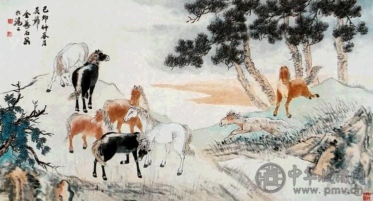 金梦石 八骏图 横幅 纸本