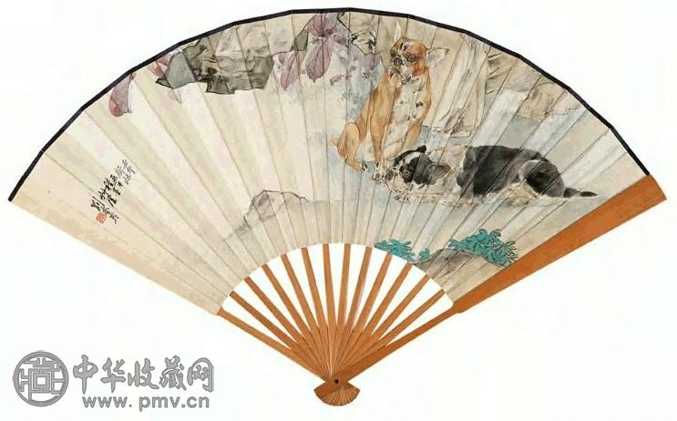 1942年 刘奎龄 双犬图并草书径偈 成扇 设色纸本
