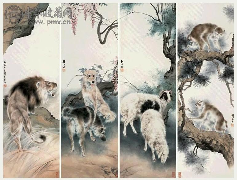 刘奎龄 1946年作 动物 四屏 设色纸本