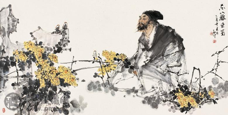 伍启中 东篱采菊图 镜心 设色纸本