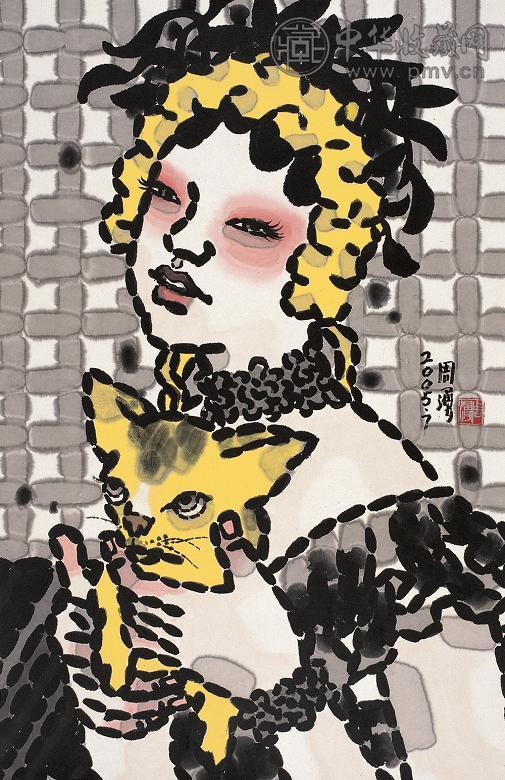 周湧 爱猫图 镜心 设色纸本