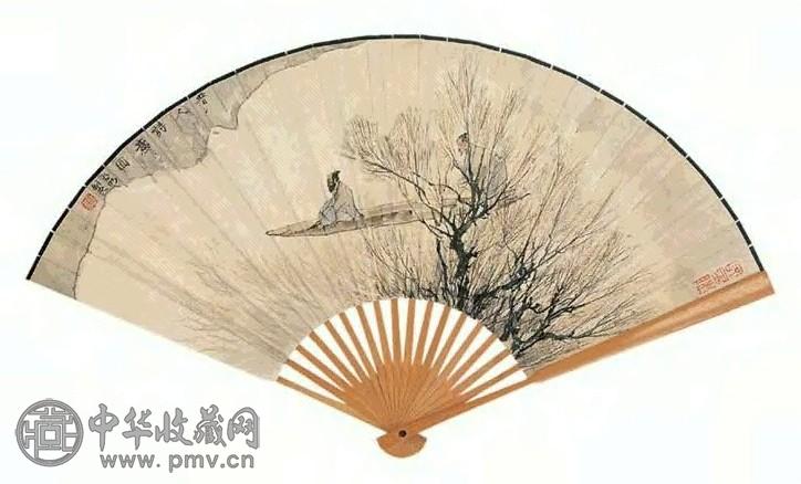 亚明 晋人诗意 扇面 设色纸本