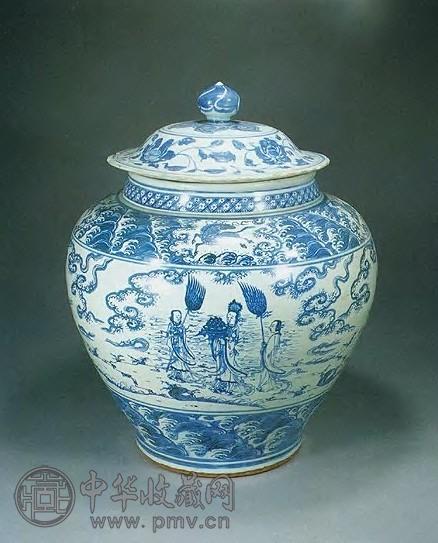 明 青花群仙海兽罐(带盖)