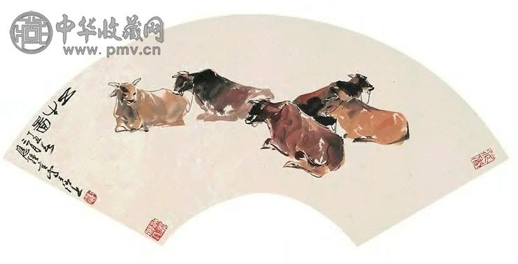 杜应强 五牛图 扇面 设色纸本