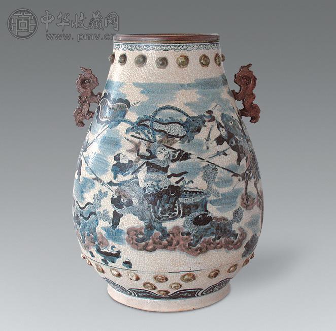 民国 青花釉里红人物双耳尊