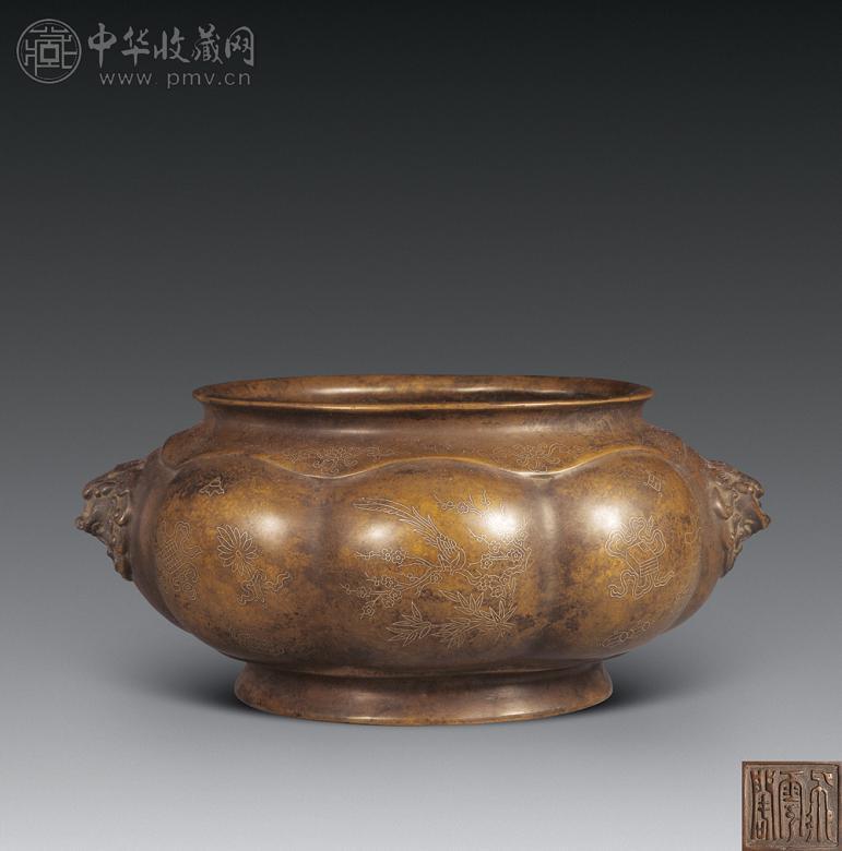 明 铜错银花鸟纹铜炉