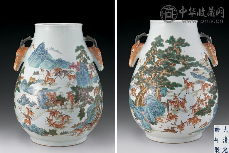 清光绪 粉彩山水百鹿图尊