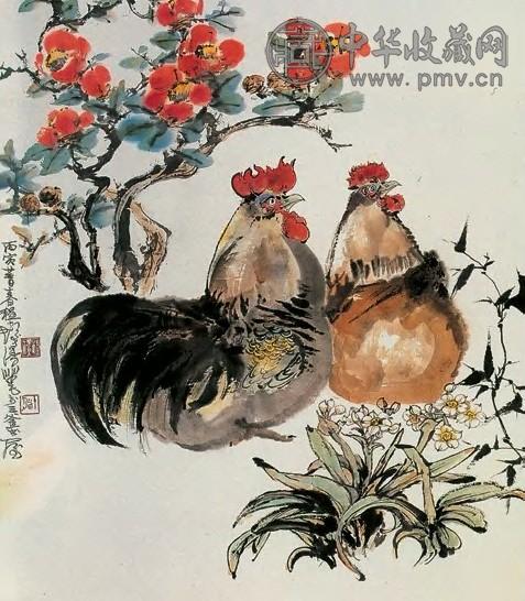 程十发 双鸡图 立轴 纸本设色