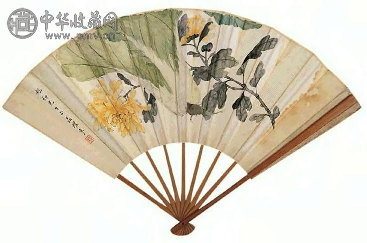 庄曜孚 钤印：史(朱)、汪大燮印(白) 花卉图、草书 扇面 设色笺本