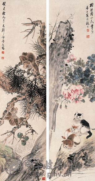 金梦石 松猴 花猫 对屏 纸本