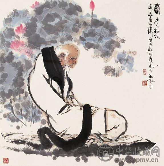 顾炳鑫 2000年作 寿 框 设色纸本