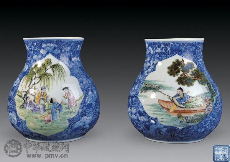 民国 青花开光粉彩人物尊(1对)