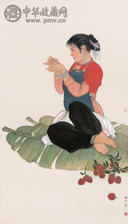 吉梅文 刺绣图 镜心 设色纸本