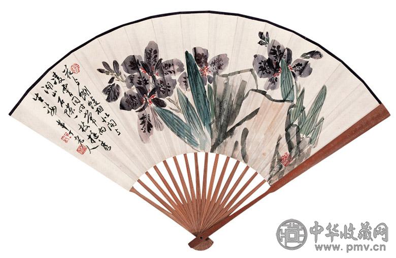 陈半丁 高毓彤 花石图 行楷七言诗 成扇 设色纸本