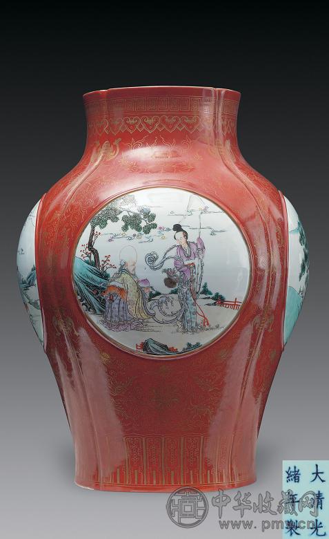 清光绪 珊瑚红釉开光粉彩人物尊