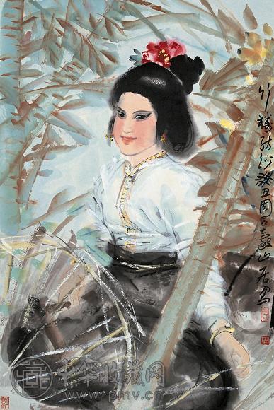 周昌谷 1973年作 竹楼纺纱图 屏轴 设色纸本