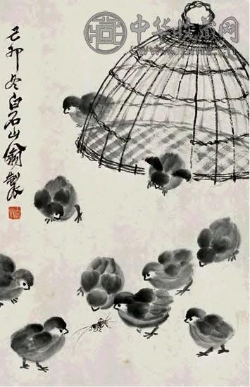 齐白石 1939年作 鶵鸡蟋蟀 镜心 设色纸本