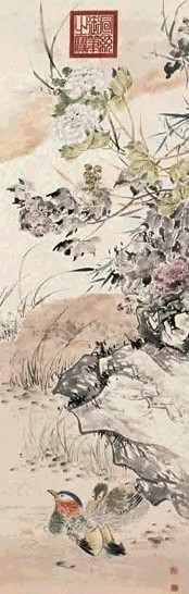 宣统 花鸟 立轴 设色纸本