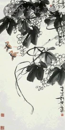 许麟庐 葡萄小鸟 立轴 设色