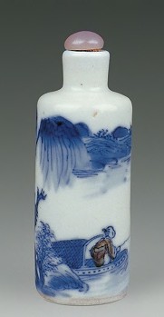 清道光 青花釉里红柳荫垂钓烟壶