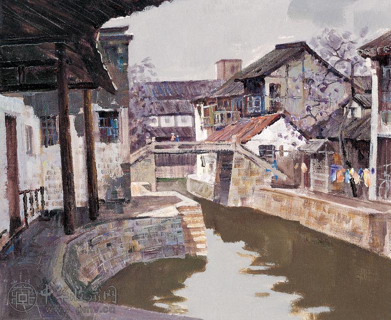 翁凯旋 2004年作 水乡古镇 布面油画