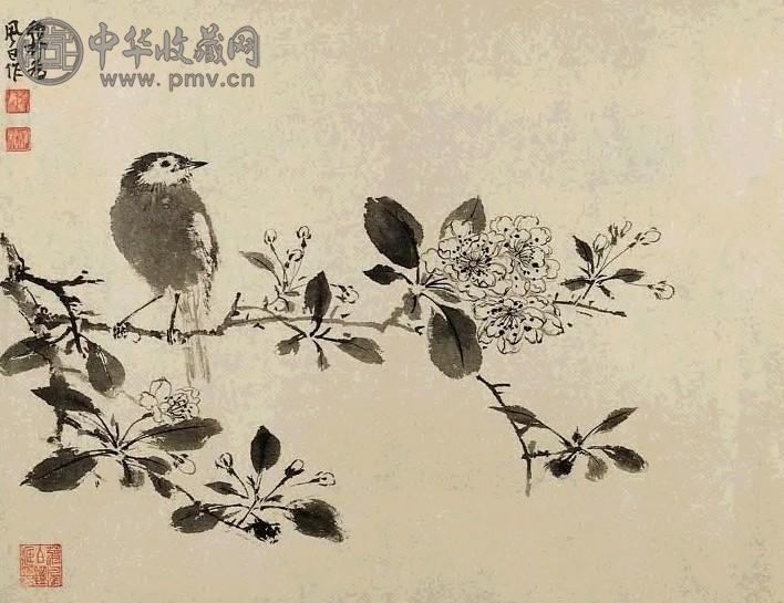 谢稚柳 桃花小鸟 镜心