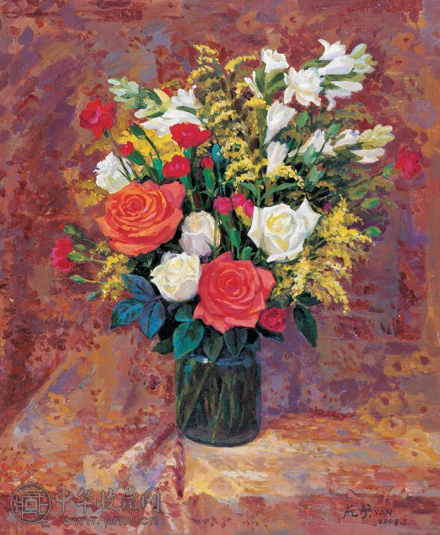 颜苑馨 2004年作 玉簪花与玫瑰 布面 油画