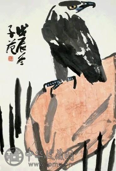 崔子范 1988年 鹰石图 立轴 设色纸本