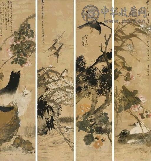 黄梦花 1890年作 花鸟 四屏 纸本